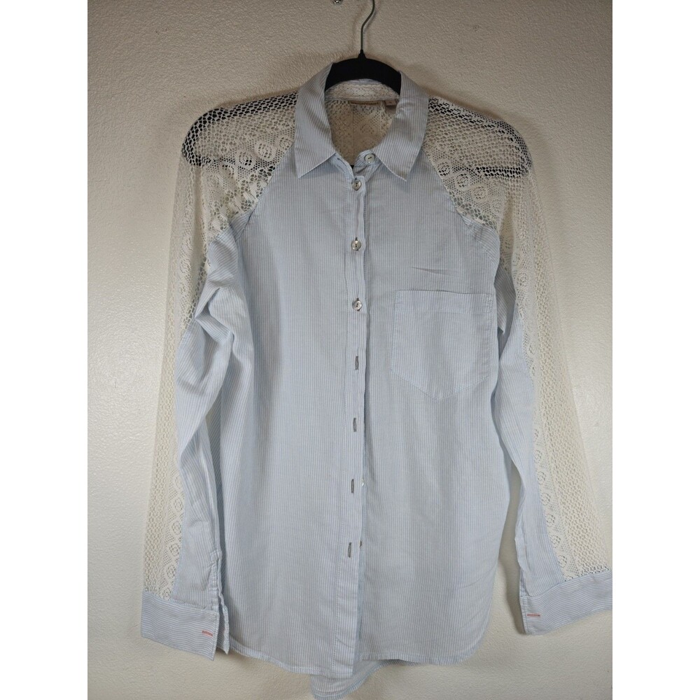 Anthropologie Holding Horses Striped Crochet Lace Back Button Down Blouse -M